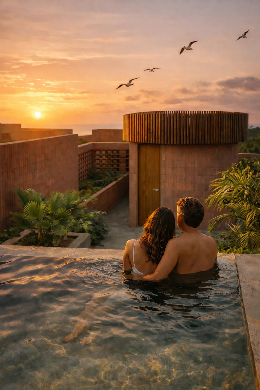 Couple enjoying a private MOYRA pool at sunset