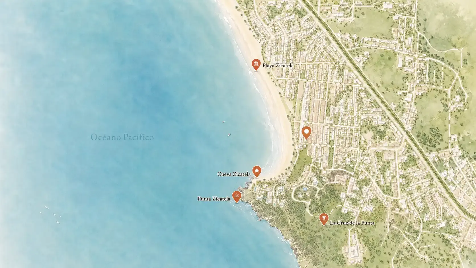 Map of La Punta Zicatela showing MOYRA near the beach