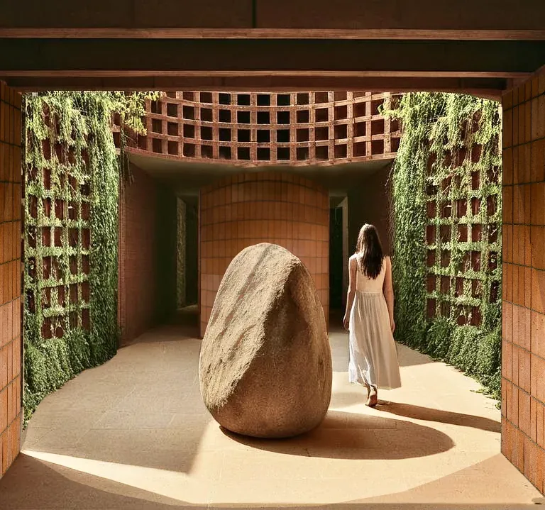 MOYRA courtyard with brick latticework and integrated vegetation